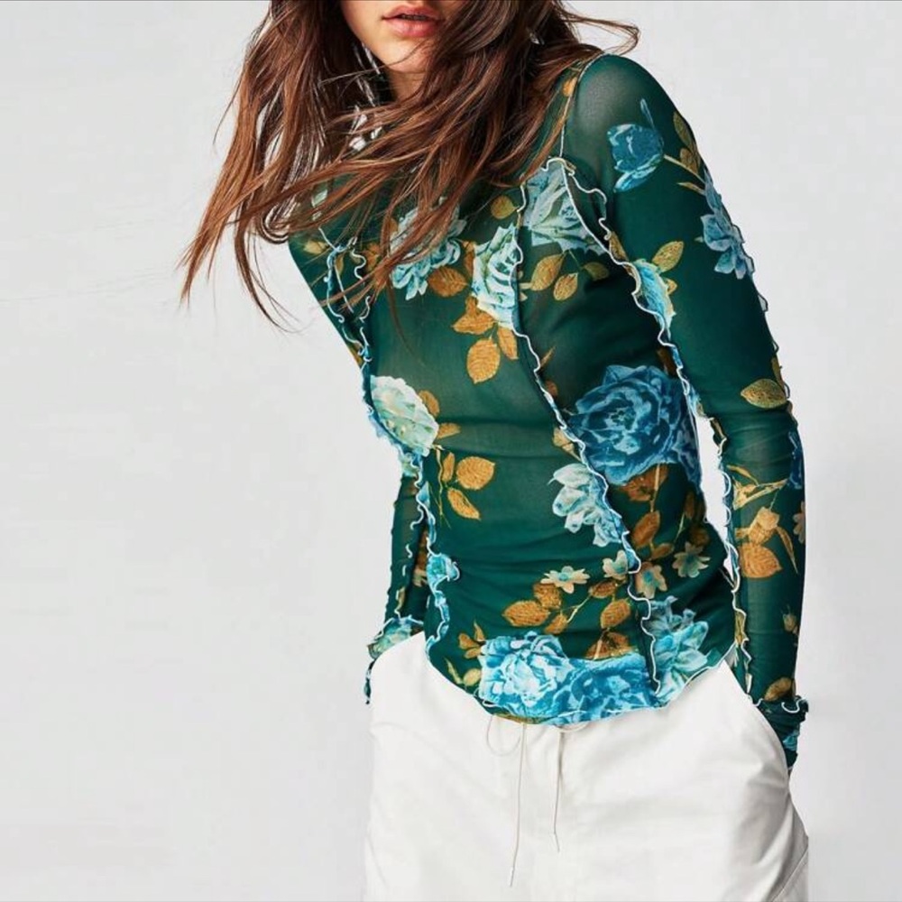 Bohemian Floral Pattern Mock Neck Semi Sheer Long Sleeve Top S M L